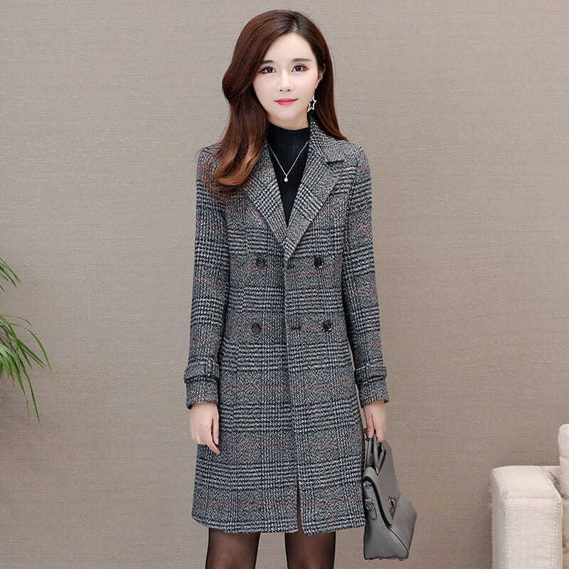 Winter Women Wool Blends Casual Jacket Plaid Trench Coat Elegant Slim Thick Outerwear Cardigan Female Cashmere Overcoat New 201027