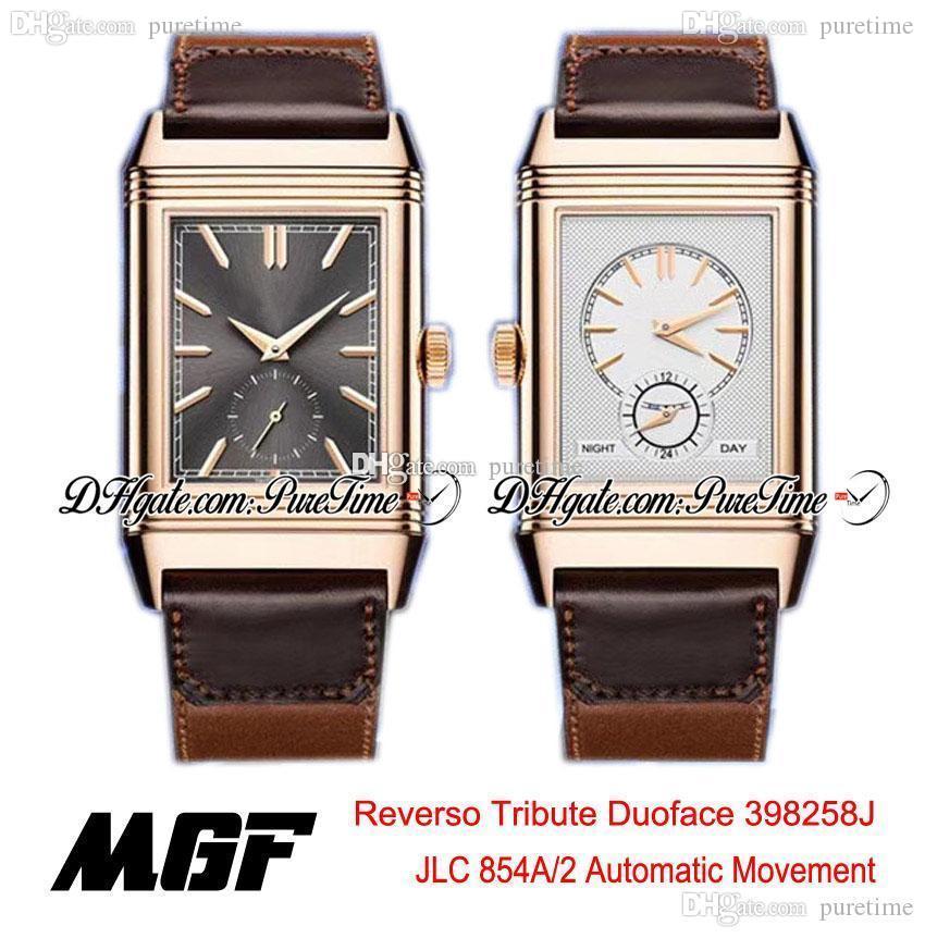 MGF Reverso Tribute Duoface 398258J JLC 854A/2 Automatic Mens Watch Rose Gold Anthracite Silver Dial Brown Leather Strap New Puretime 01a1, 01-a
MGF Reverso Tribute Duoface 398258J JLC 854A/2 Automatic Mens Watch Rose Gold Anthracite Silver Dial Brown Leather Strap New Puretime 01a1, 01-a