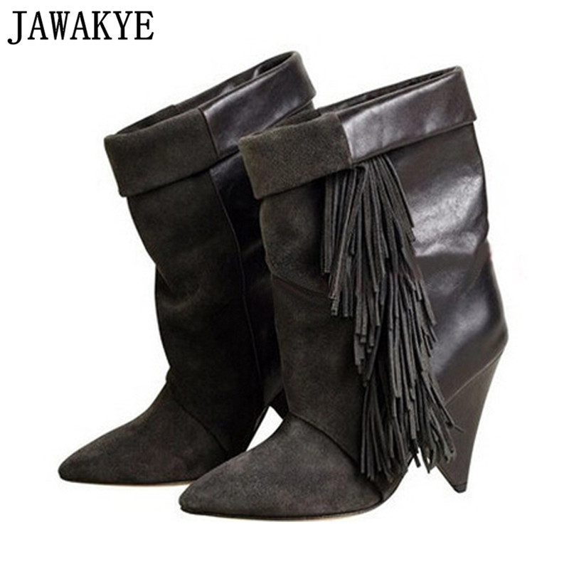 Real leather black grey pointed toe ankle for women 8 cm high heel fringe tassel short boots ladies bota feminina Y200115