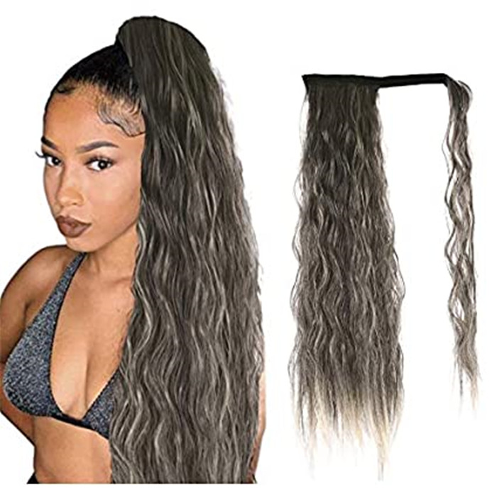 Gray brown light blonde Ponytail ombre human extension Curly Wrap Ponytail Corn Wave Hairpiece Magic Paste Ponytail Long Hair Extensions