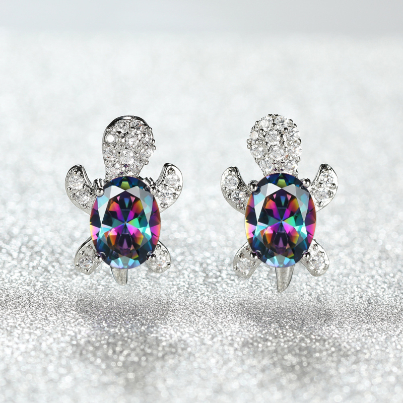 Cute Design White Gold Plated Colorful Gemstone Stud Earring Copper Turtle Earrings for Women Gift