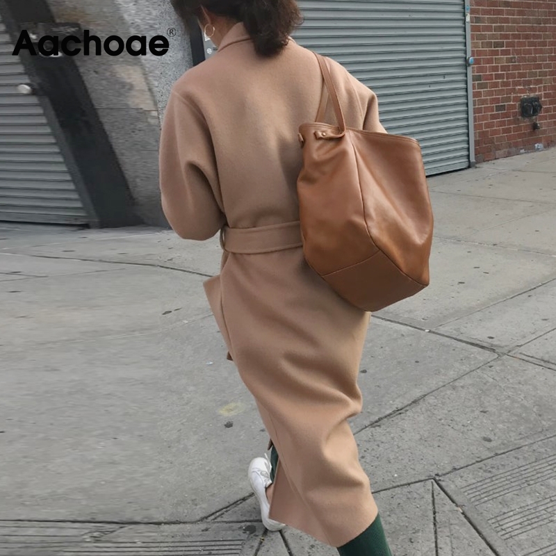 Aachoae Lady Solid Long Wool Coat Batwing Long Sleeve Elegant Office Jacket Female Turn Down Collar Casual Coat Women 201222