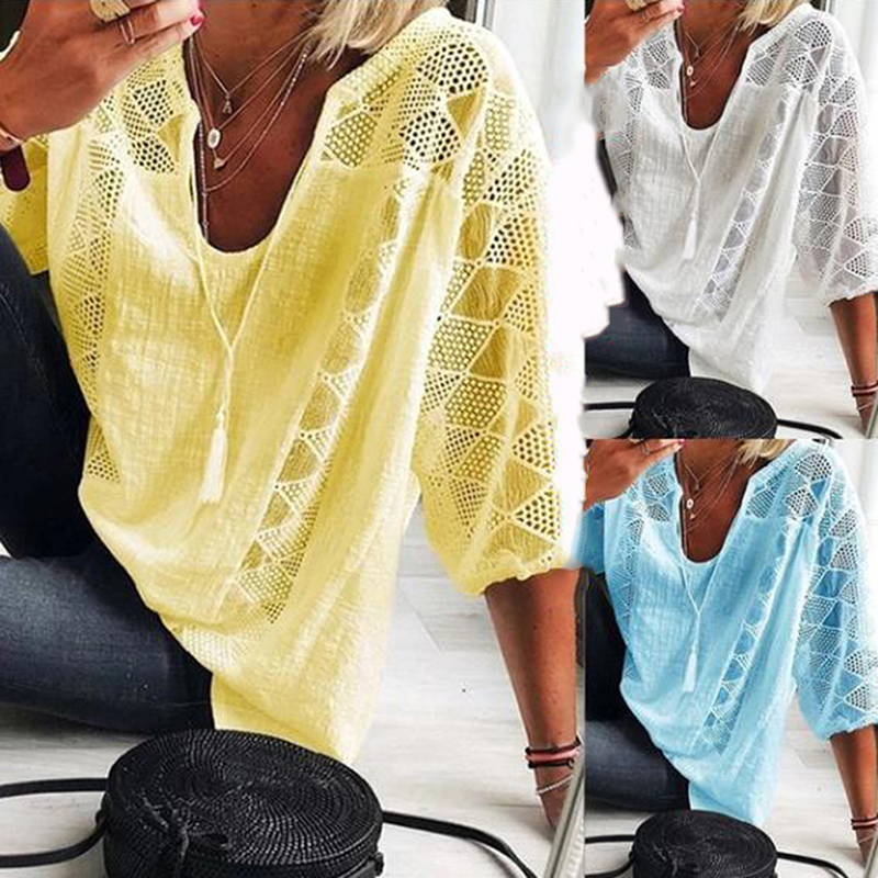 Sexy Tops Women Three Quarter Sleeve Loose T-shirt Autumn Women Casual T-shirts O-neck Top Hollow-out T-shirt 201028