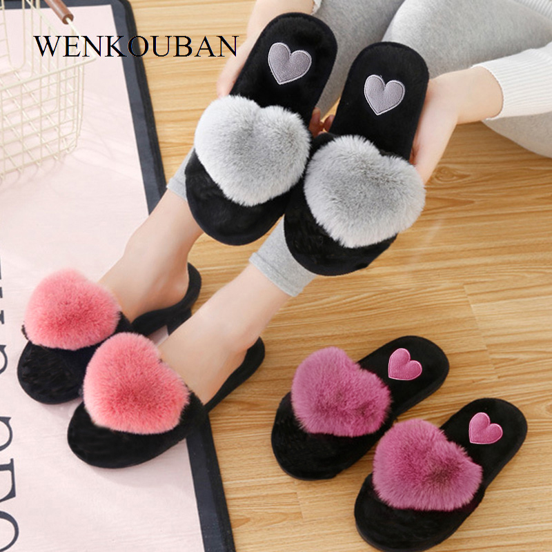 Women Love Heart Cotton Winter Fur Slides Ladies Home Furry Slippers Warm Indoor Shoes Claquette Fourrure Y200424