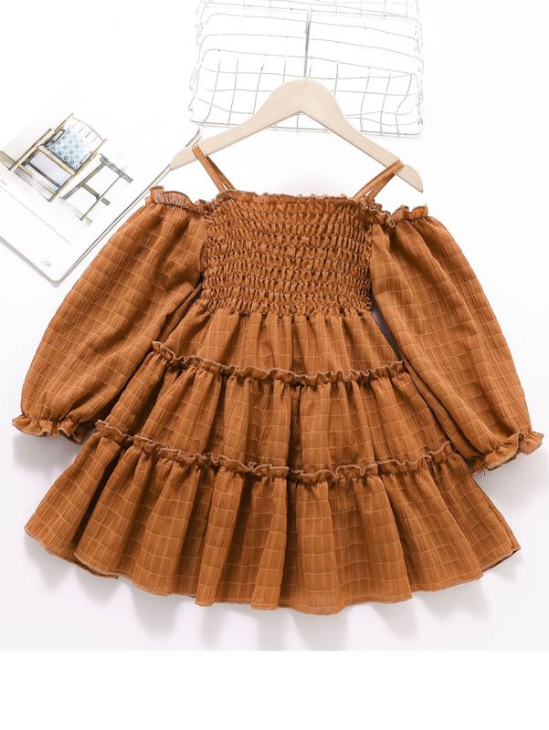 Girls Shirred Frilled Cold Shoulder Flounce Sleeve Ruffle Hem Chiffon Dress SHE