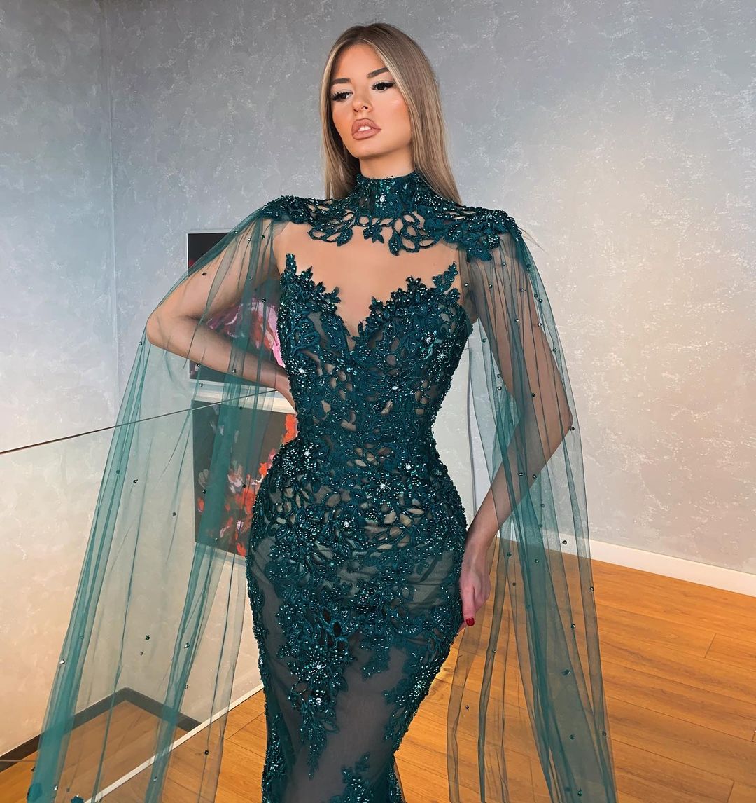 Dark Green Lace Mermaid Evening Dresses With Detachable Wrap Sweetheart Neck Sequined Prom Gowns Plus Size Or Length Formal Dress 0220