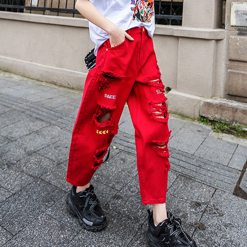 red women high waist womens street style distressed jeans Straight cylinder hole force pants 201029