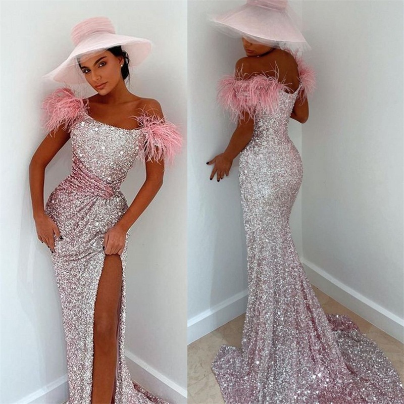 glitter sequins mermaid evening dresses feather sexy side split luxury prom dress major beading custom made robe de soire party wear