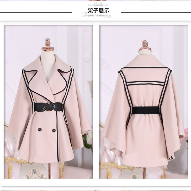 Autumn And Winter Women Coats Women's Beige Black-Edged Bat Cloak Cape Woolen Coat 201214