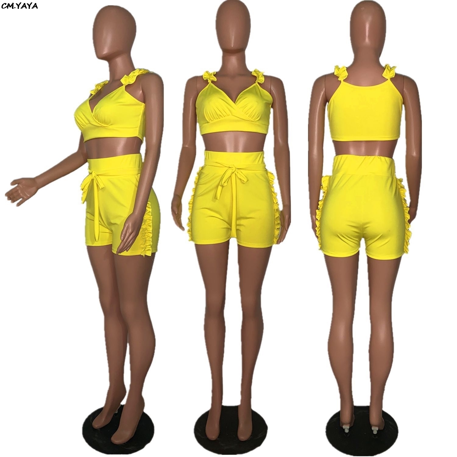 2019 women summer ruffles side splicing spaghetti strap vneck crop top & shorts suit two piece set beach tracksuit outfit L5052 T200603