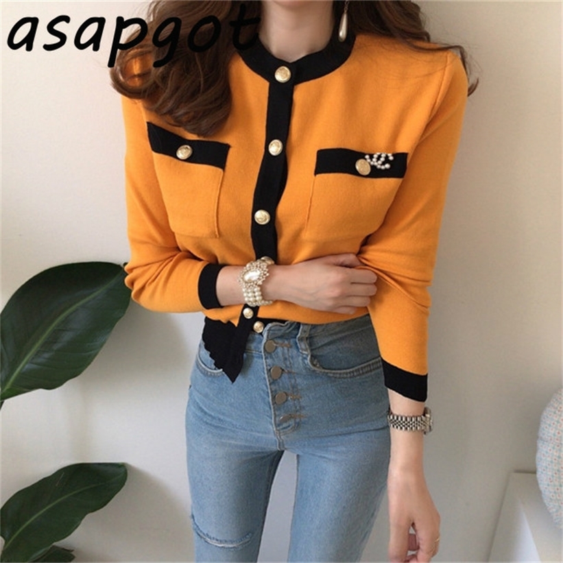 Chic French Autumn Fragrant Pink Loose Round Neck Contrast Color Sweater Women Short Gold Button Pocket Cardigan Orange Casual 201222