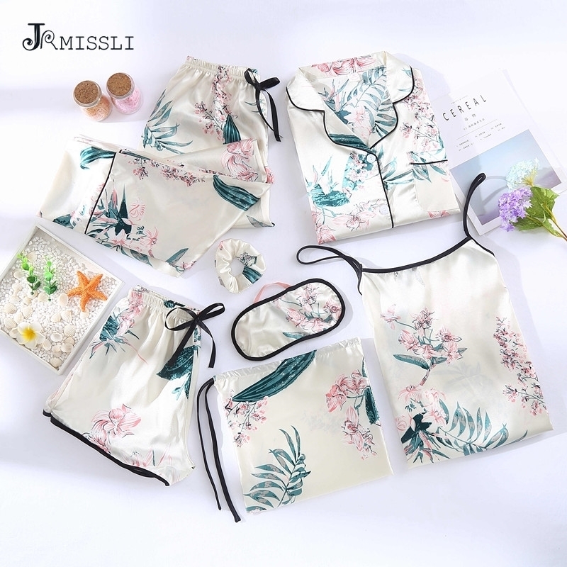 JRMISSLI Flower Print Shorts Woman Pajamas Set Silk Simple Female Home Wear Clothing Spaghetti Strap 7 Pieces Pyjamas Suit 210203, Picture color
JRMISSLI Flower Print Shorts Woman Pajamas Set Silk Simple Female Home Wear Clothing Spaghetti Strap 7 Pieces Pyjamas Suit 210203, Picture color