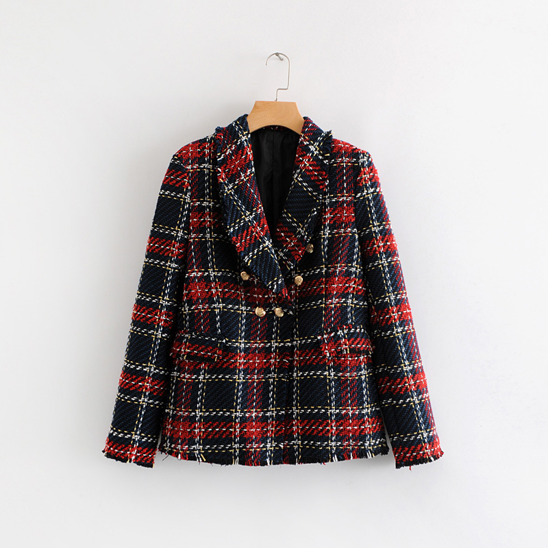 Red Plaid Blazer 2020 Women Spring-Autumn Vintage Tweed Suits Jackets Office Ladies Chic Slim Blazers Girls Tassel Tops Set Coat T200828