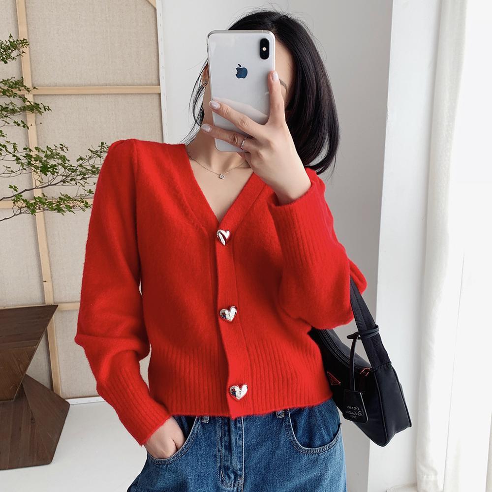 Autumn Women knitted Cardigan V-neck long-sleeved Jacket Female Heart Shape Buttons Female Sweet Mohair Outwear Top 201222