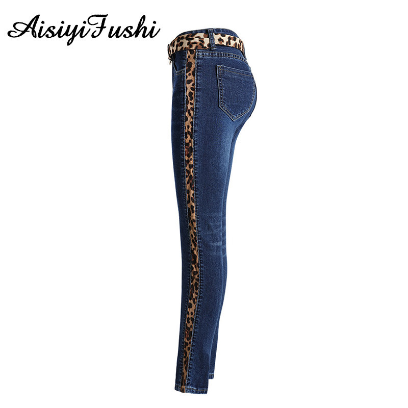 Woman Mid Waist Push Up Leopard Print Jeans With Belt Denim Skinny Jeans With Stripes Femme Women Pants Women's Trousers 201030