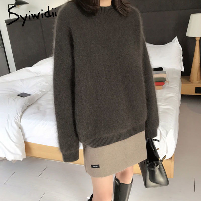 Syiwidii Pullovers Knit Sweater Women Winter Clothes Batwing Sleeve Faux Fur Thicken Plus Size Korean Top Oversize Black 201130
