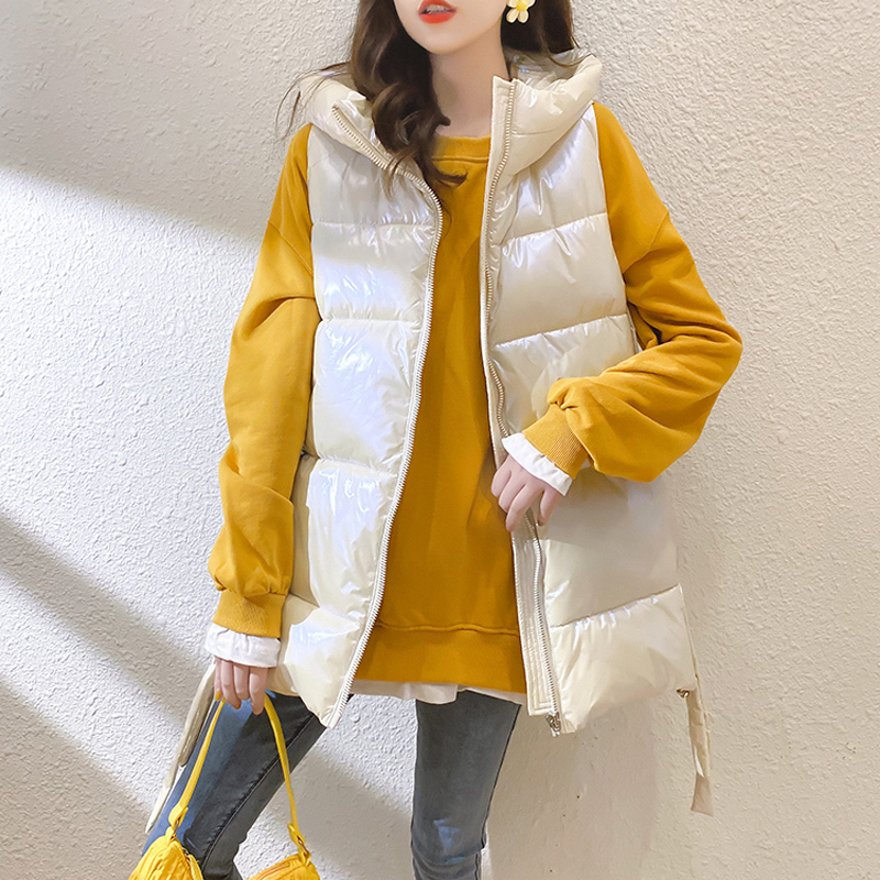 Winter Women's Long Vest Shiny Solid Hooded Sleeveless Jacket Plus Size Stand Collar Cotton Padded Thick Casual Outwear 201211