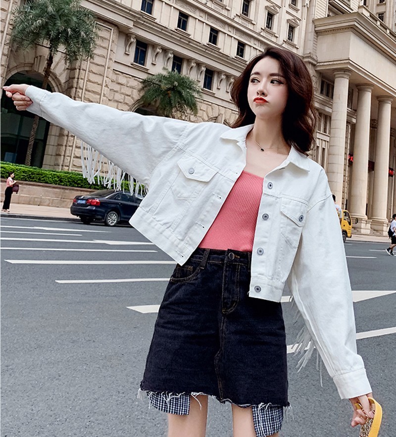 Fashion Trend Cowboy Clothing Women Back Fringe Tassel Denim Top Short Lapel Long Sleeve Casual Coat Cowboy Jacket 201017