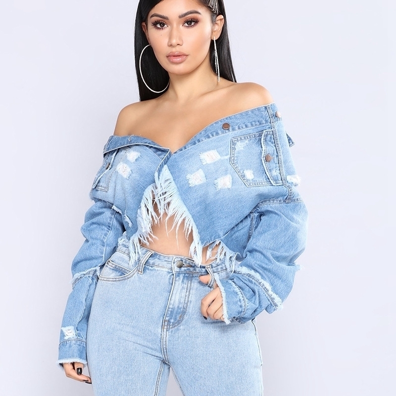 Sexy tassel Denim Jackets Women Hole Boyfriend Style Long Sleeve Vintage Jean jacket Denim Loose Autumn Denim Coat Jean T200212