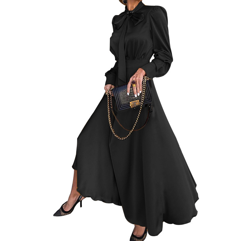 Women Dress Temperament Bow Tie Maxi Long Sleeve High Waist Large Hem Ladies es Black Red Autumn 210513