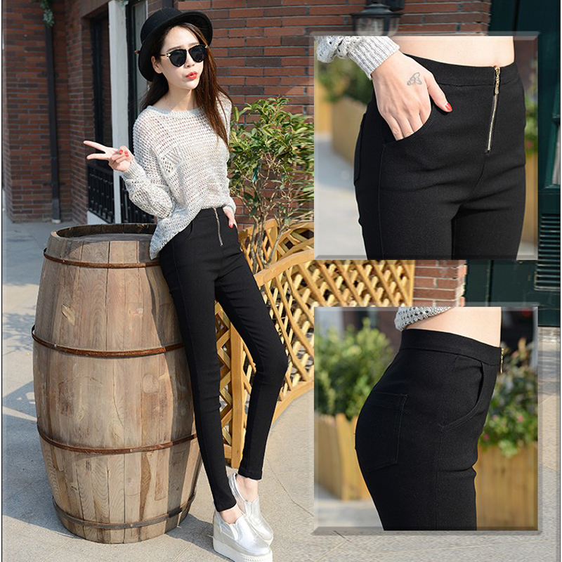 autumn and winter new elastic zipper leggings large size trousers slim black feet women's pencil pants 201103