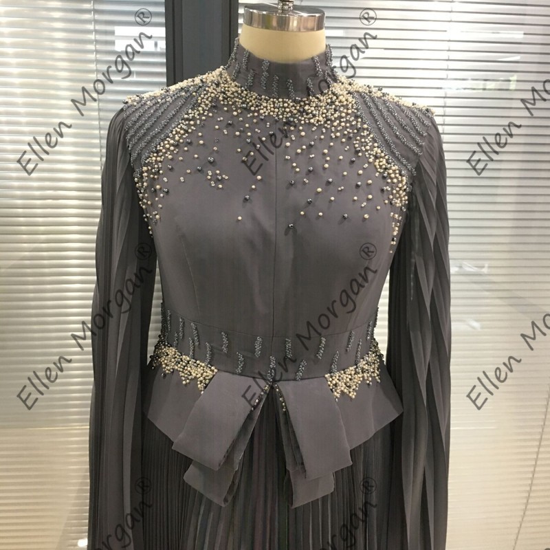 Arabic Muslim Silver Chiffon Long Evening Dresses Engagement Wedding Party Events High Neck Formal Gowns For Women Wear 201114