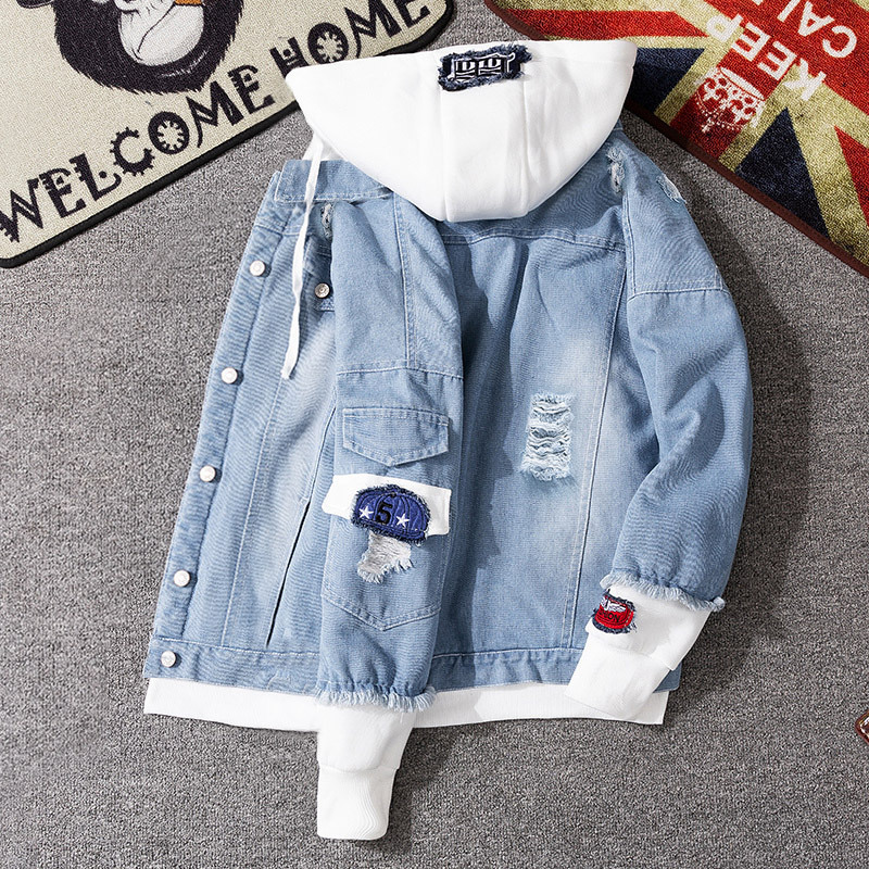 Mens Denim Jacket Hooded Trendy Fashion Hip Hop Streetwer Ripped Denim Jacket Men Jeans Jacket Cowboy Coats Man Clothing 201218