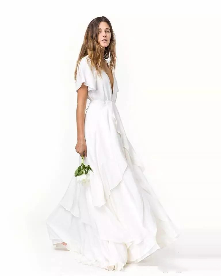 2021 Simple Front Split Beach Wedding Dresses A Line Flowy Chiffon Boho Bridal Gowns Deep V Neck Short Sleeve Long Bohemian Weding Dress