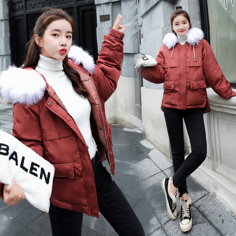 Fitaylor Faux Fur Collar Short Parkas Loose Down Cotton Coats Winter Women Hooded Jackets Pink Black Burgundy Snow Outwear 201019