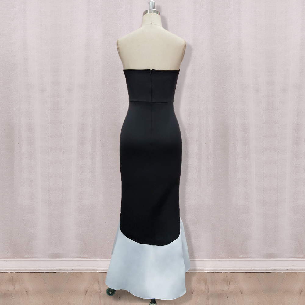 Women Long Party Dress Sexy Ruffle Patchwork Black White Contrast Color Tight Elegant Celebrate Dinner Evening Maxi Bodycon Robe T200113