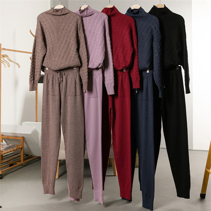 Autumn Winter Knitted Turtleneck Tracksuit For Women Casual Knitted Trousers+Turtleneck Sweater Women's Suit Warm Female Tracks 201029