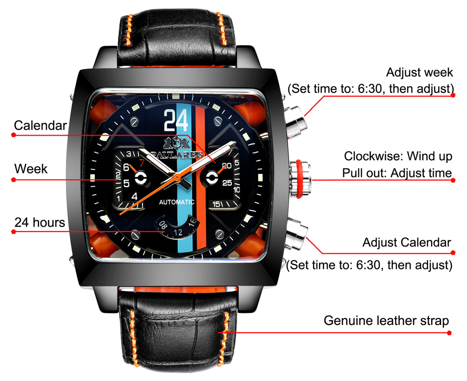 Automatic Self Wind Mechanical Genuine Leather Stainless Steel Black Orange Blue Casual Perspective See Through Men Watch 201218