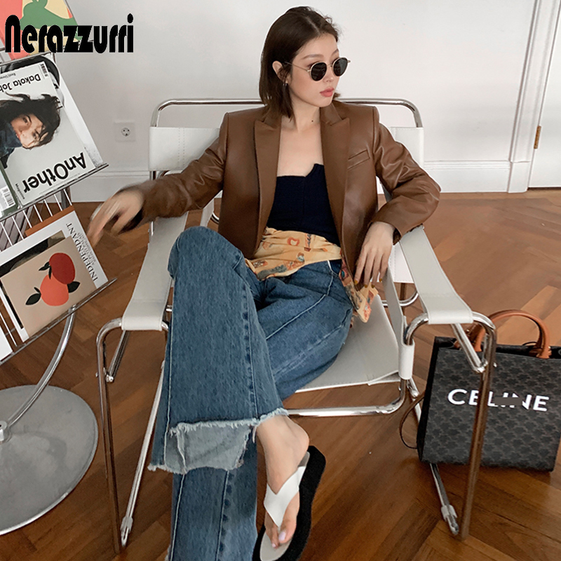 Nerazzurri Brown cropped leather jacket women long sleeve Leather blazers women Black leather top plus size clothes for women 201226