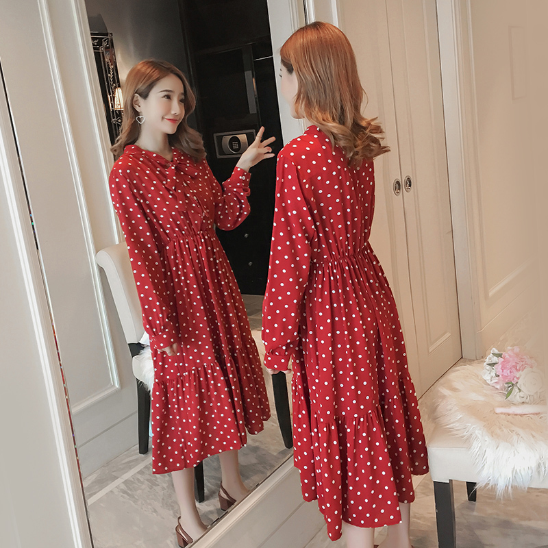 8950# Maternity Clothes Spring Autumn Chiffon Long Sleeves Loose Polka Dot A Line Dress for Pregnant Women Mom Dress LJ201123
