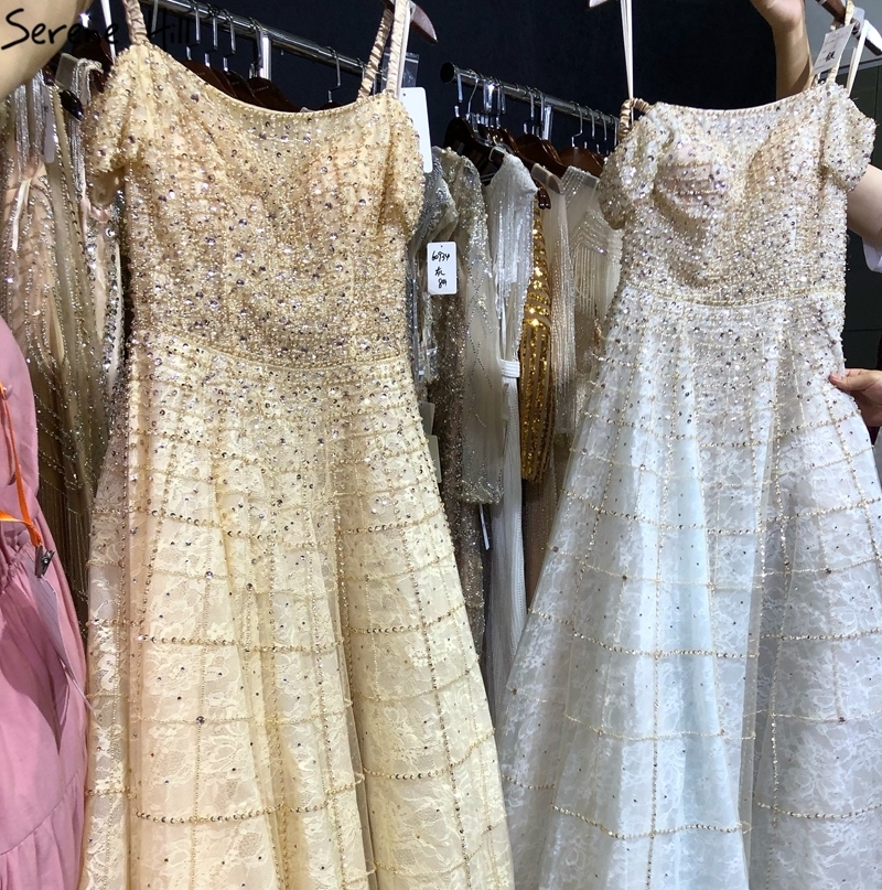 Silver Off Shoulder Short Sleeve Evening Dresses Dubai A-Line Beading Diamond Evening Gowns Serene Hill LA70263 201114