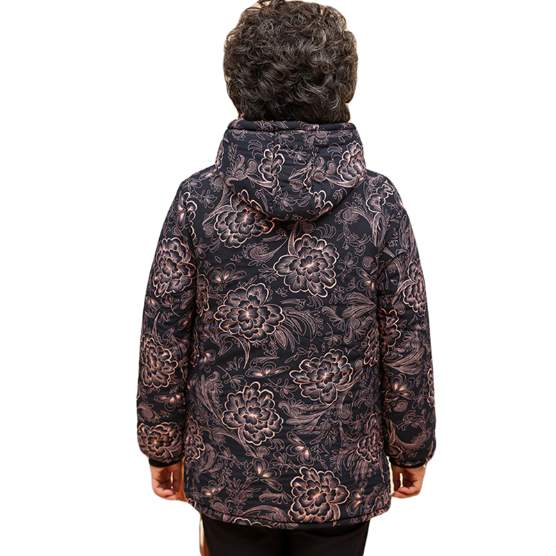 Casual Prints Long Sleeve Hooded Jackets For Elderly Women Winter Warm Cotton Padded Coats Plue Size Ladies Outerwear Parkas 201017