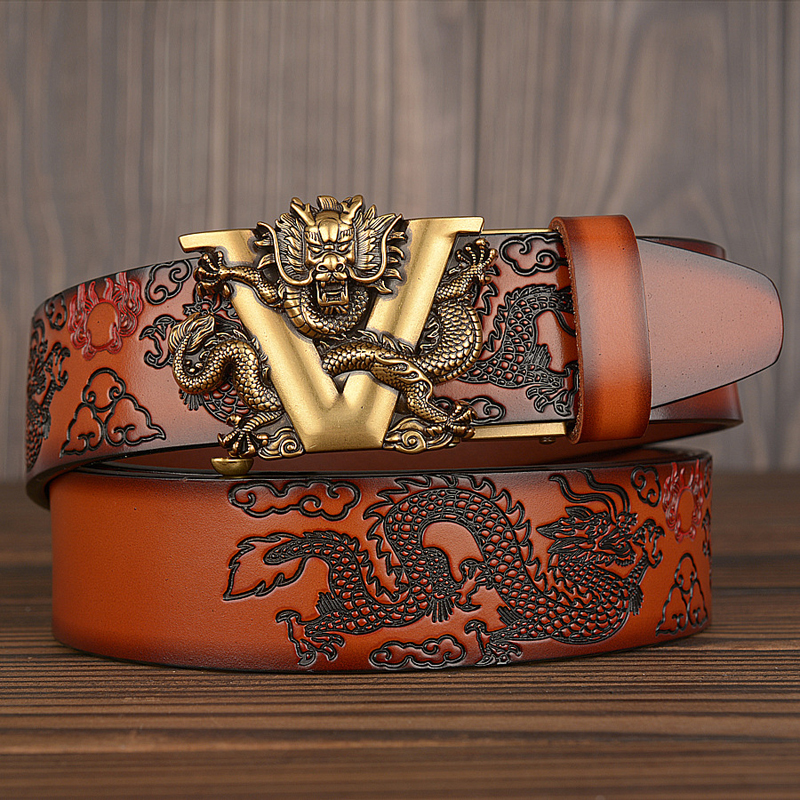 New Male China Dragon Belt Cowskin Genuine Leather Belt for Men Carving Dragon Pattern Automatic Buckle Belt Strap For Jeans 201117