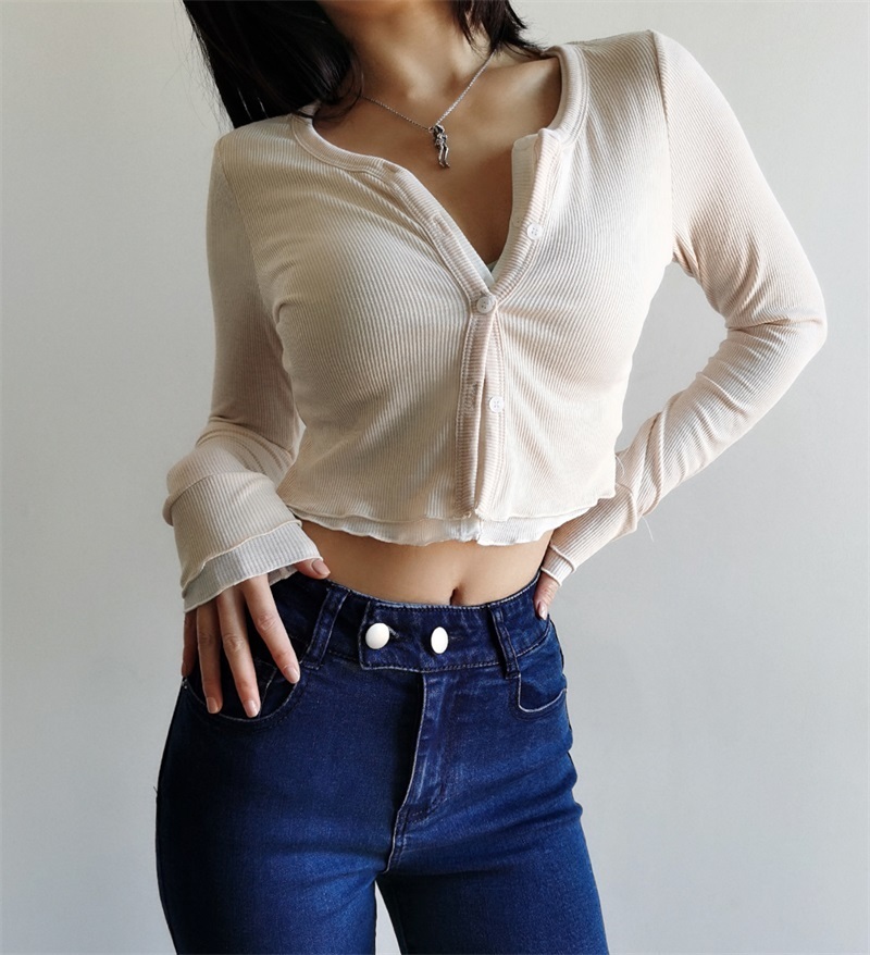 Women Double Layer Button Up Crop Cardigan 201030
