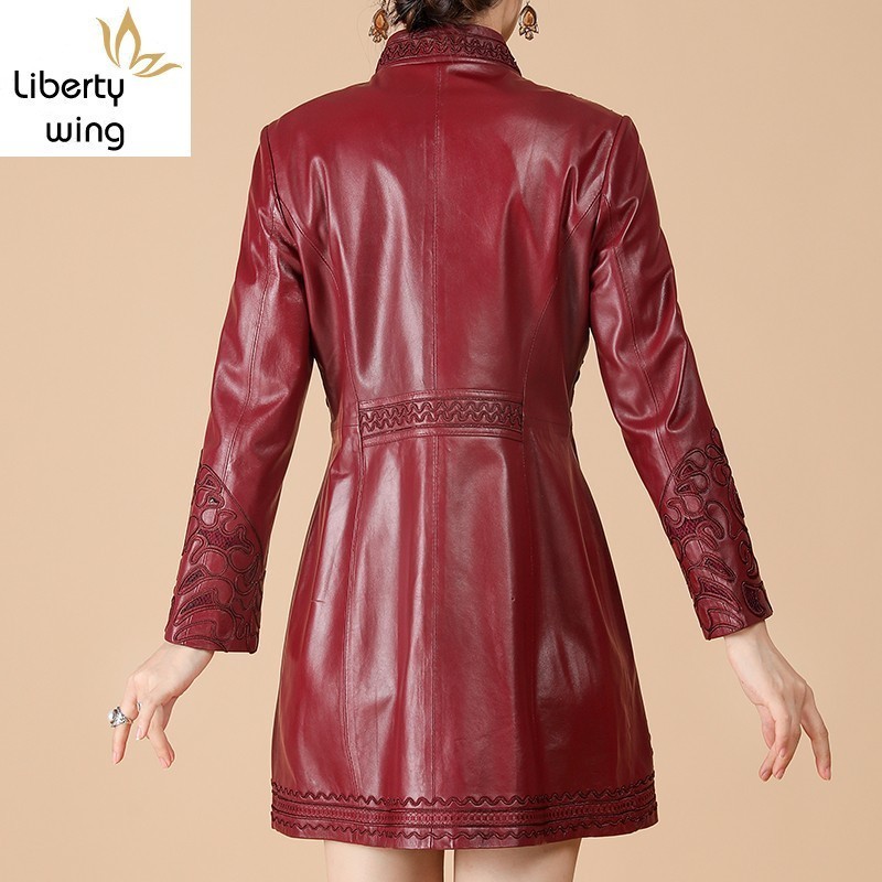 Autumn Genuine Leather Jacket Women Hollow Out Embroidery Slim Sheepskin Coat Office Lady Medium Long Windbreaker Plus Size 6XL 201030