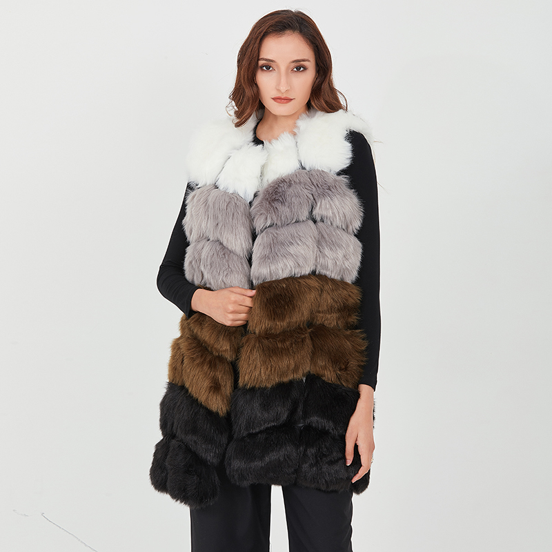 TWOTWINSTYLE Hit Color Fur Coat For Women O Neck Sleeveless Patchwork Loose Vest Coat Female Winter Fashion New Clothes 201211