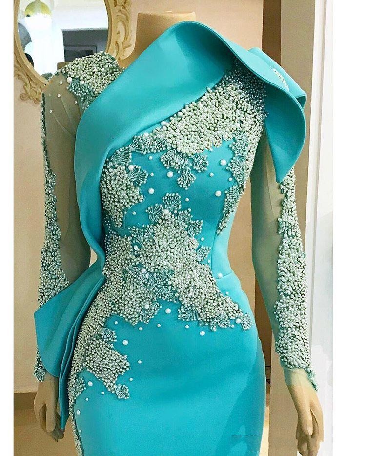 Arabic Sexy Turquoise Mint Evening Dresses Wear Jewel Neck Long Sleeves Pearls Beads Sheath Floor Length Formal Party Sheer i
