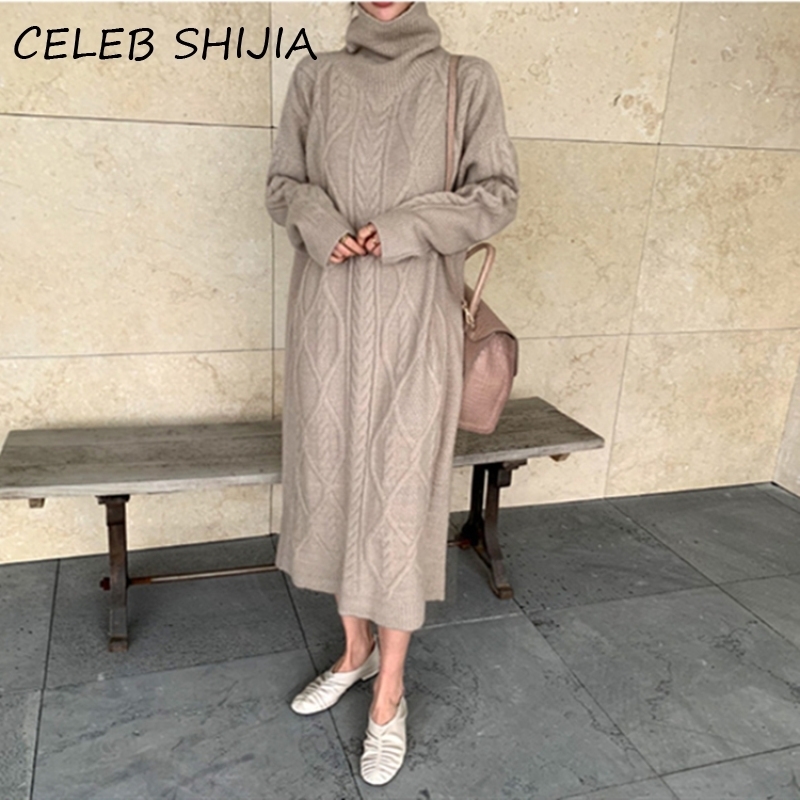 Chic Fashion Turtleneck Long Knitted Jumper Dress Woman full sleeve Looose autumn winter khaki sweater dress female 201030