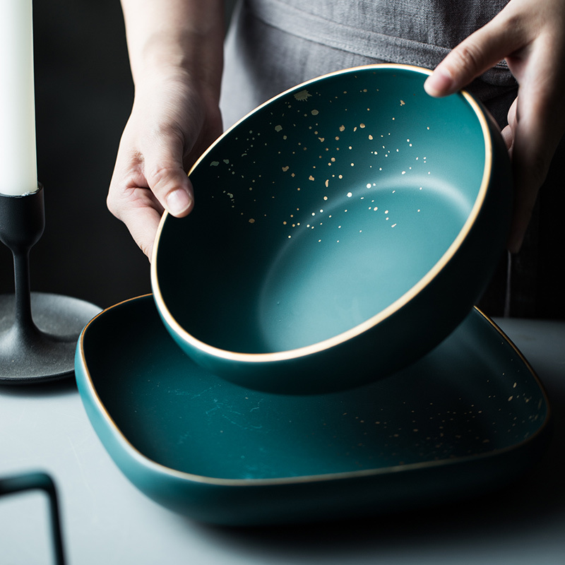 ATUCOHO High Fashion Retro Green Nordic Ceramic Tableware Set Dinnerware Set Bowl Plate Soup Bowl Set Modern Style High-end 201217 - view 6