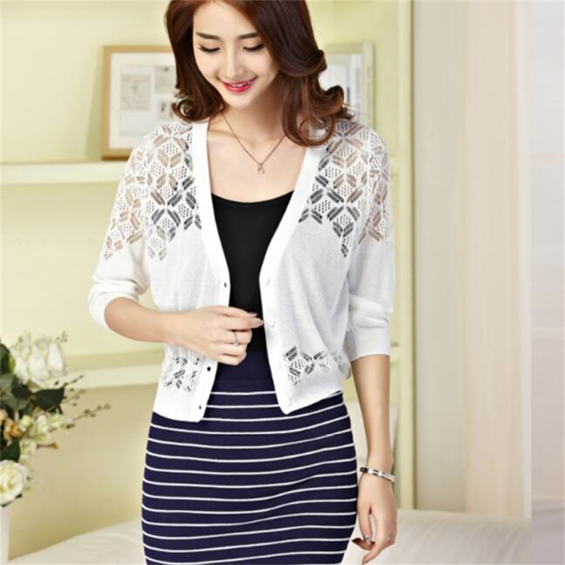 Ladies Short Cardigan V Neck Half Sleeve Cotton Cropped Cardigan Sweaters Thin Coat Feminino Spring Knitwear For Women 201223