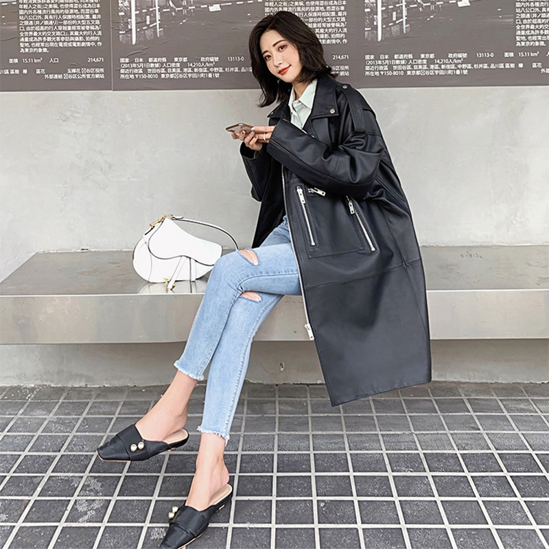 Nerazzurri Oversized black long spring womens leather jacket long sleeve drop shoulder zipper Plus size loose faux leather coat 210201
