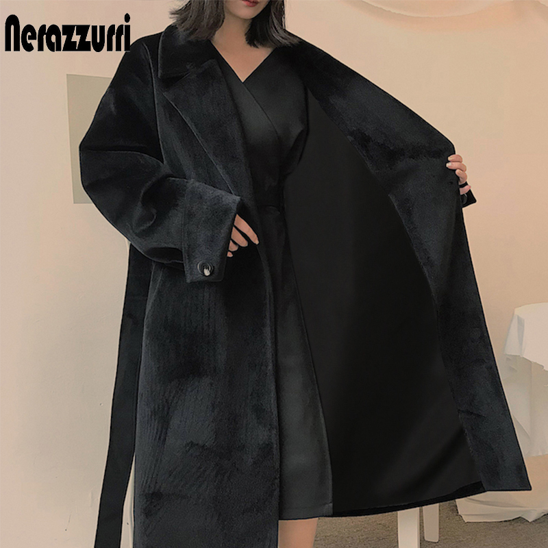 Nerazzurri Oversized long black winter faux fur coat women belt long sleeve Warm furry fur coats for women Plus size fashion 7xl 201110