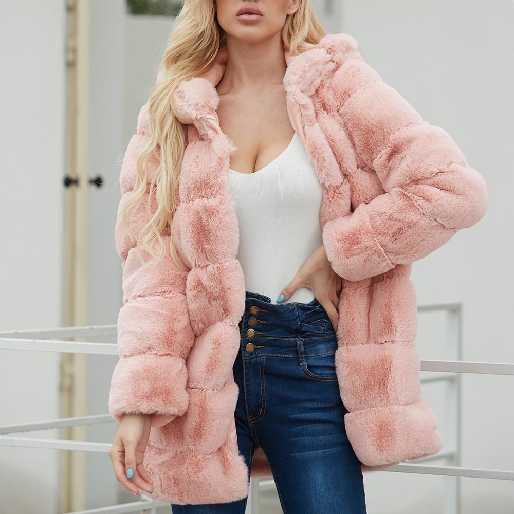 Fur Cat Winter Clothes Women Ladies Warm Faux Fur Coat Jacket Solid Hooded Outerwear 201214