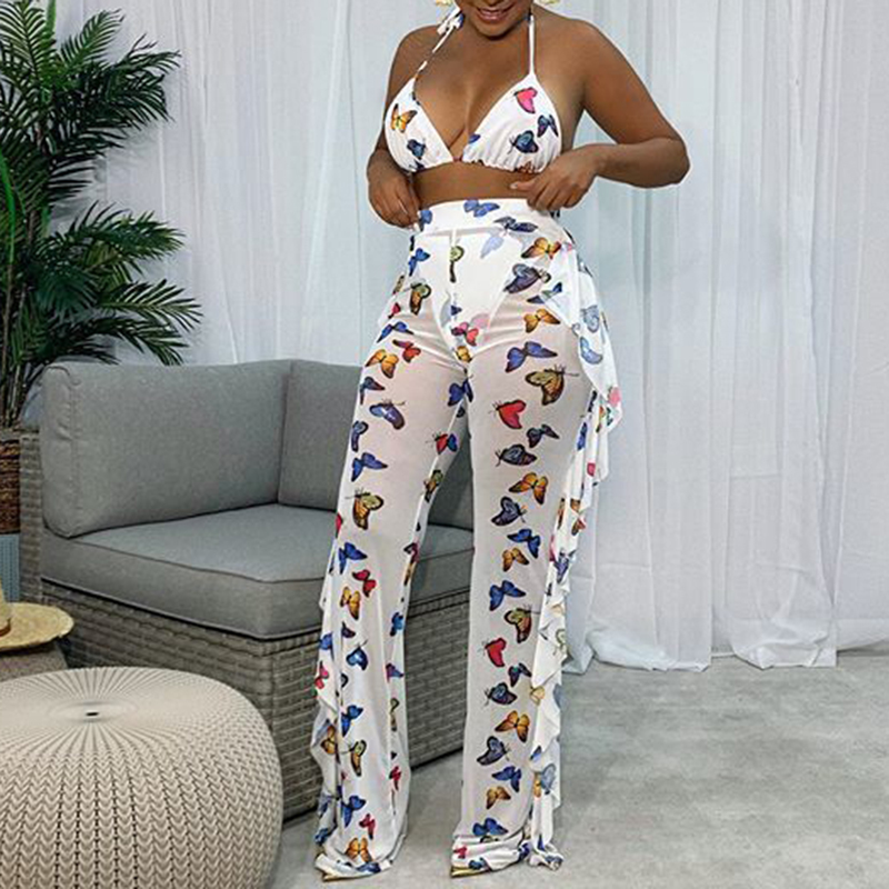 Women's Ruffle Full Pants Mesh See-through Loose Wide Leg Trousers Fashion Casual Daily Sexy Transparent Pants LJ201130