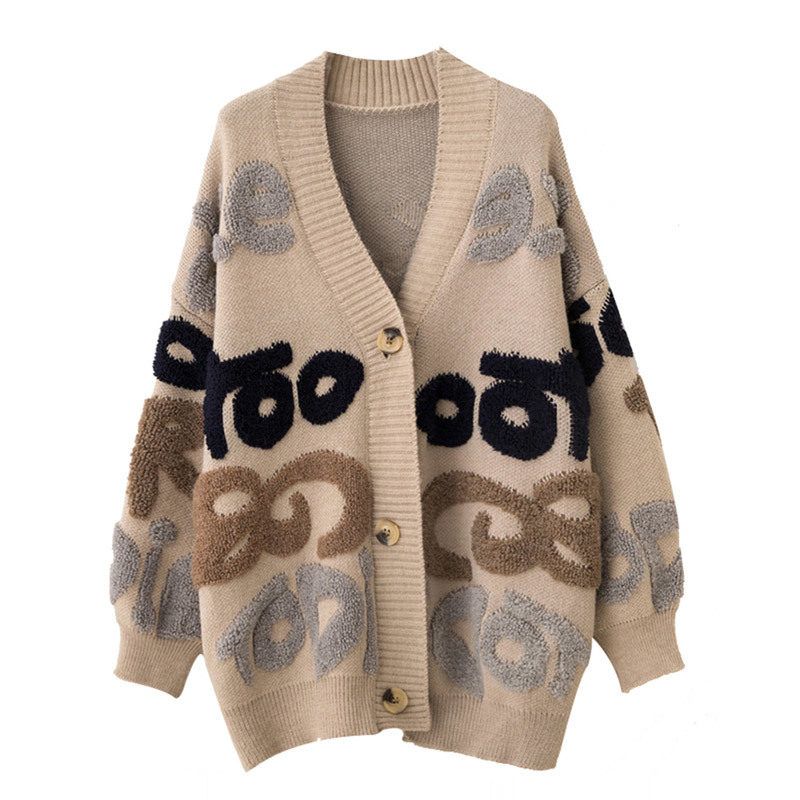 Spring and Autumn Loose Knitting Sweater Women Letter Pattern Casual Cardigans Ladies Thicker Long Sleeve 201222