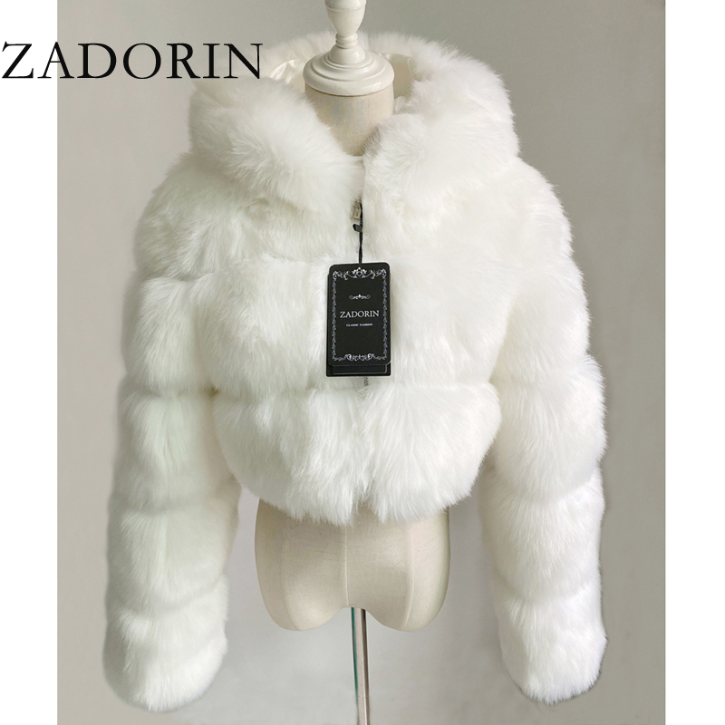 ZADORIN High Quality Furry Cropped Faux Fur Coats and Jackets Women Fluffy Top Coat with Hooded Winter Fur Jacket manteau femme 201214